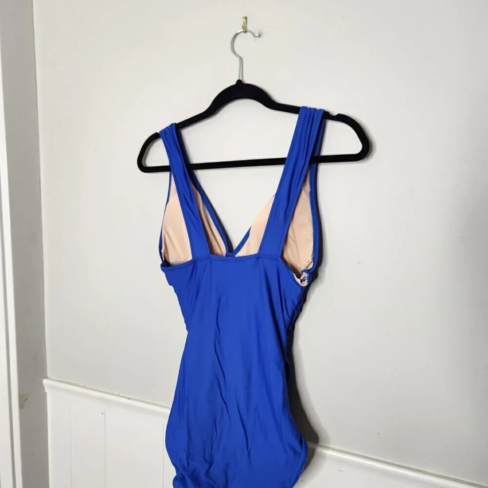 J. CREW Solid Blue Ruched V Neck One Piece Bathin Suit